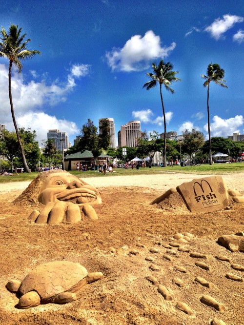 To celebrate the launch of a new product, "The Sand Guys" created awesome sand sculptures at Ala Moana Beach Park!