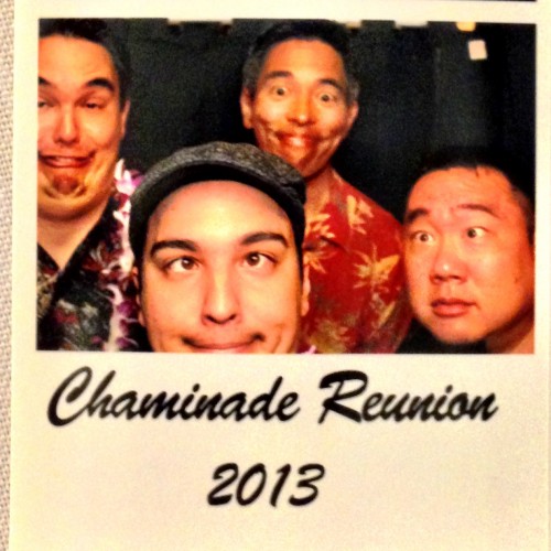 The boys of ManoaDNA pose for the camera in the photo booth of the Chaminade Alumni Luau!
