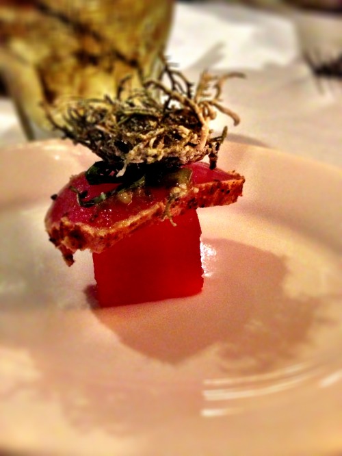One of the most delicious bites I have ever had; seared ahi with fried ogo (seaweed) on top of a cube of compressed local watermelon. 